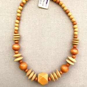 VINTAGE LIGHT GRAINED WOOD BEAD NECKLACE 18” WOOD DISCS & 14 SIDED BEAD UNISEX